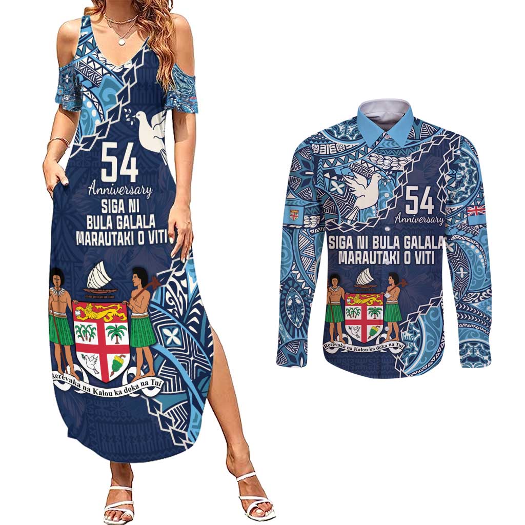 Personalised Fiji 54th Anniversary Couples Matching Summer Maxi Dress and Long Sleeve Button Shirt Siga Ni Bula Galala Marautaki O Viti LT9 Blue - Polynesian Pride