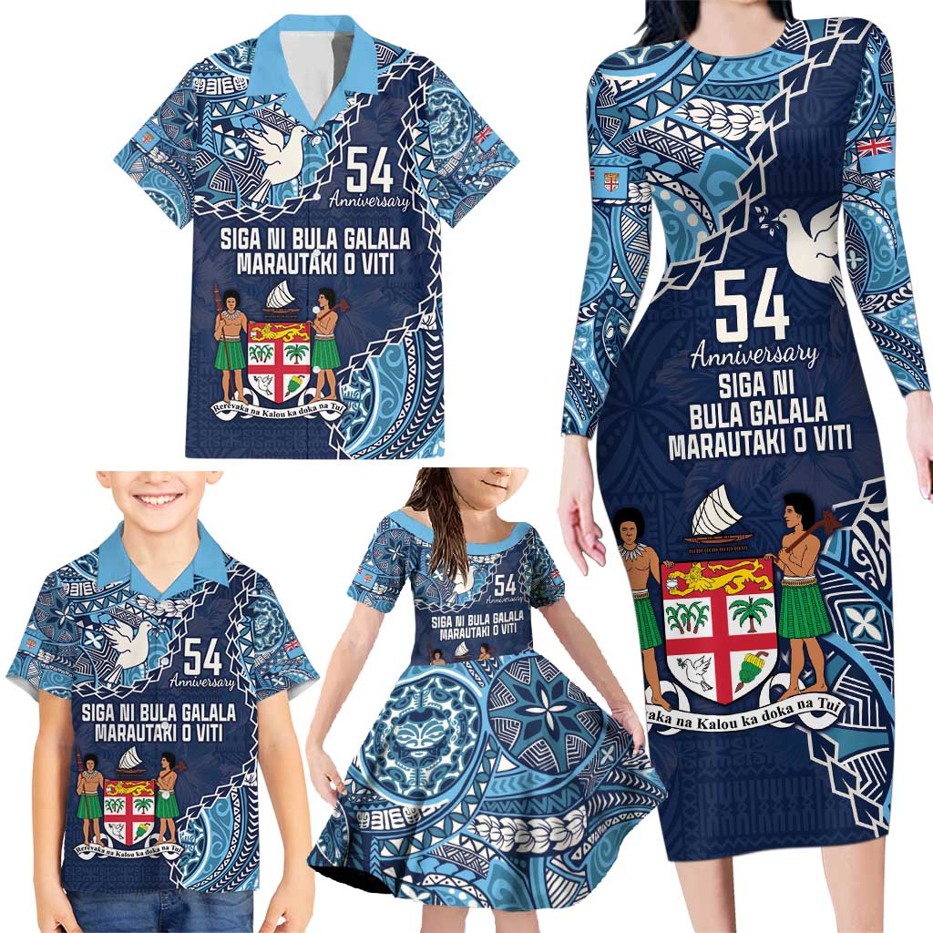 Personalised Fiji 54th Anniversary Family Matching Long Sleeve Bodycon Dress and Hawaiian Shirt Siga Ni Bula Galala Marautaki O Viti LT9 - Polynesian Pride
