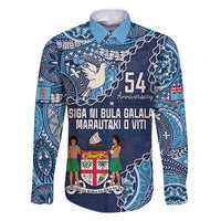 Personalised Fiji 54th Anniversary Family Matching Long Sleeve Bodycon Dress and Hawaiian Shirt Siga Ni Bula Galala Marautaki O Viti LT9 Dad's Shirt - Long Sleeve Blue - Polynesian Pride
