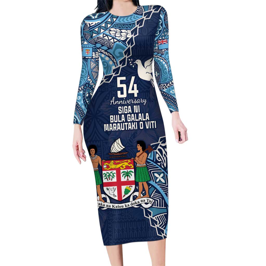 Personalised Fiji 54th Anniversary Family Matching Long Sleeve Bodycon Dress and Hawaiian Shirt Siga Ni Bula Galala Marautaki O Viti LT9 Mom's Dress Blue - Polynesian Pride