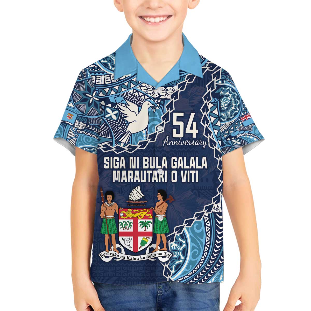 Personalised Fiji 54th Anniversary Family Matching Off The Shoulder Long Sleeve Dress and Hawaiian Shirt Siga Ni Bula Galala Marautaki O Viti LT9 Son's Shirt Blue - Polynesian Pride