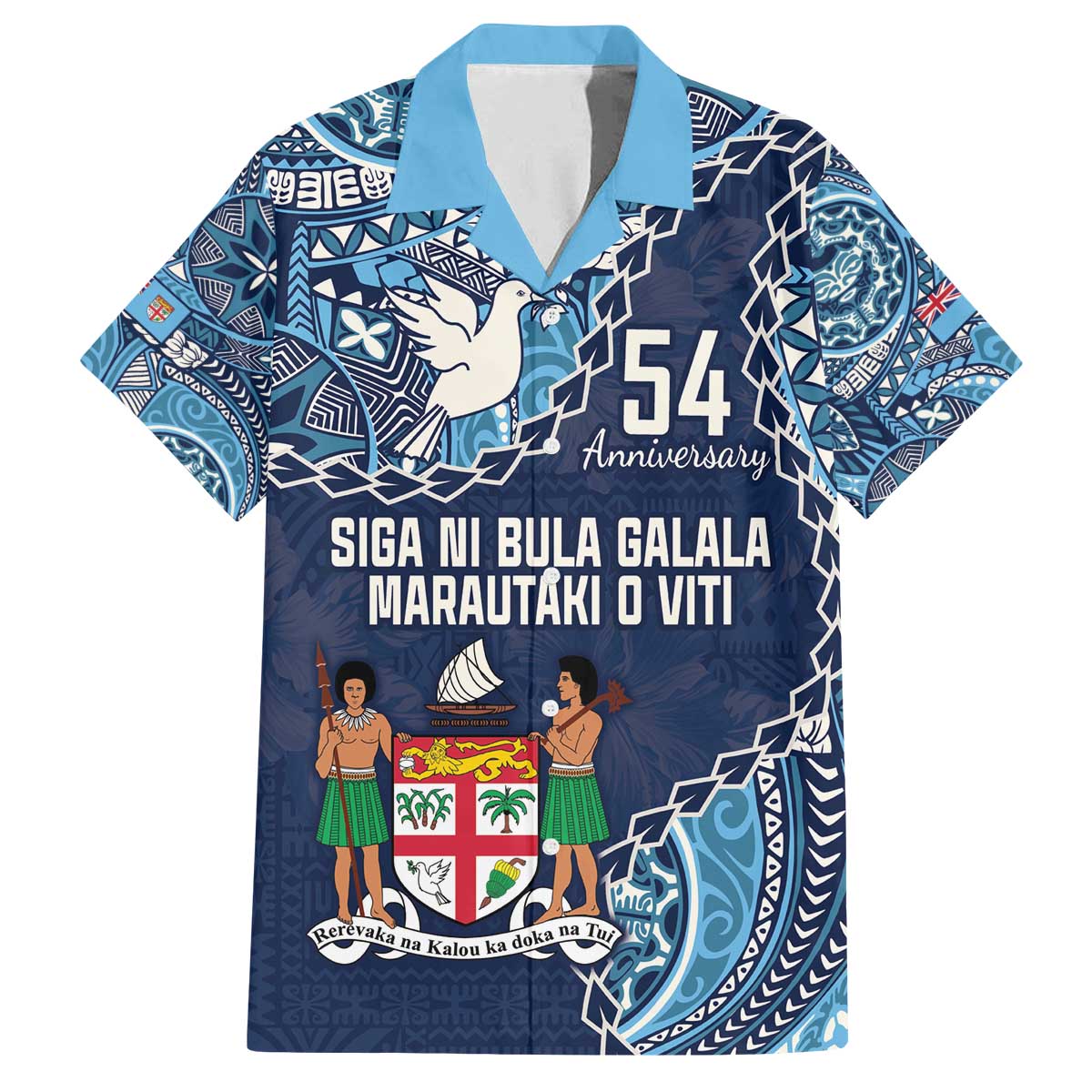 Personalised Fiji 54th Anniversary Family Matching Off Shoulder Short Dress and Hawaiian Shirt Siga Ni Bula Galala Marautaki O Viti LT9 Dad's Shirt - Short Sleeve Blue - Polynesian Pride