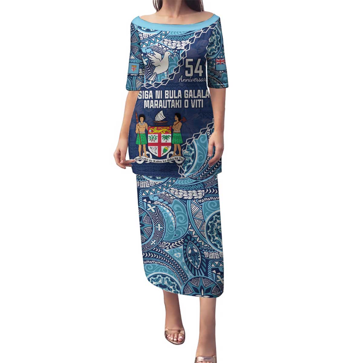 Personalised Fiji 54th Anniversary Family Matching Puletasi and Hawaiian Shirt Siga Ni Bula Galala Marautaki O Viti LT9 Mom's Dress Blue - Polynesian Pride