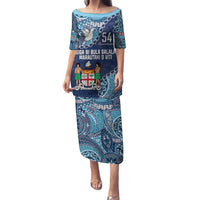 Personalised Fiji 54th Anniversary Family Matching Puletasi and Hawaiian Shirt Siga Ni Bula Galala Marautaki O Viti LT9 Mom's Dress Blue - Polynesian Pride