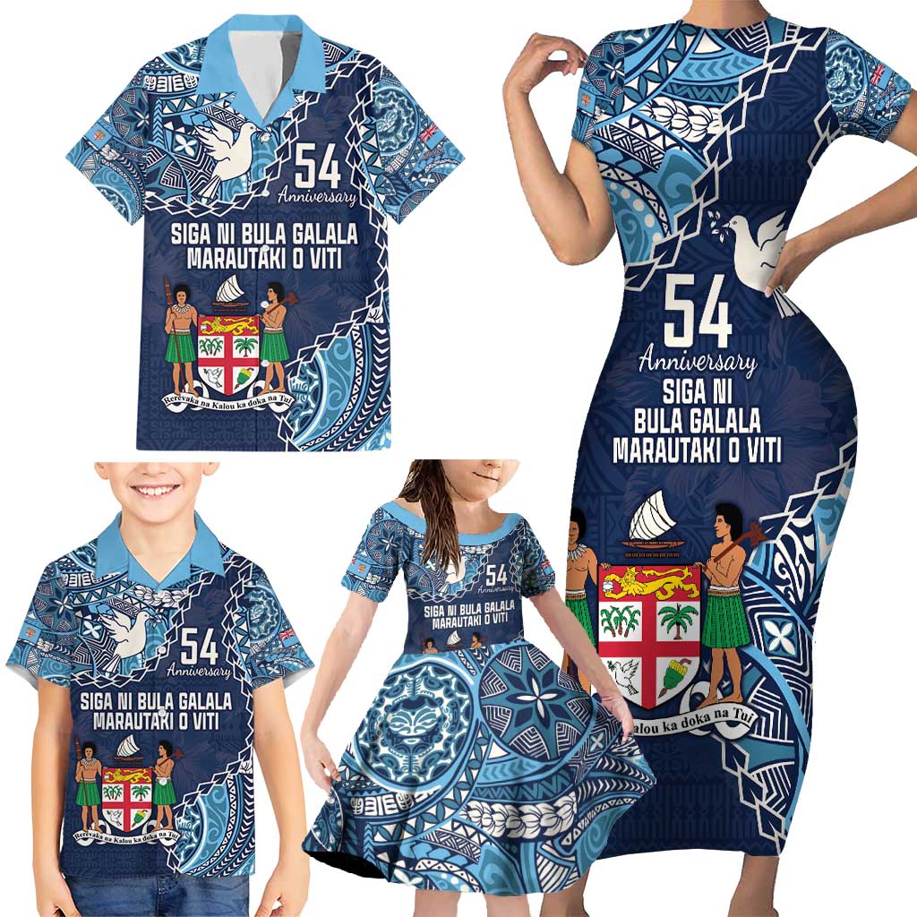 Personalised Fiji 54th Anniversary Family Matching Short Sleeve Bodycon Dress and Hawaiian Shirt Siga Ni Bula Galala Marautaki O Viti LT9 - Polynesian Pride