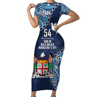 Personalised Fiji 54th Anniversary Family Matching Short Sleeve Bodycon Dress and Hawaiian Shirt Siga Ni Bula Galala Marautaki O Viti LT9 Mom's Dress Blue - Polynesian Pride