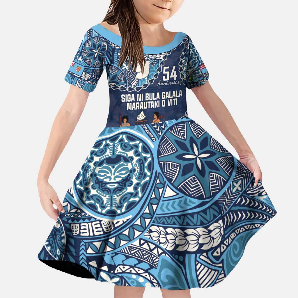 Personalised Fiji 54th Anniversary Family Matching Tank Maxi Dress and Hawaiian Shirt Siga Ni Bula Galala Marautaki O Viti LT9 Daughter's Dress Blue - Polynesian Pride