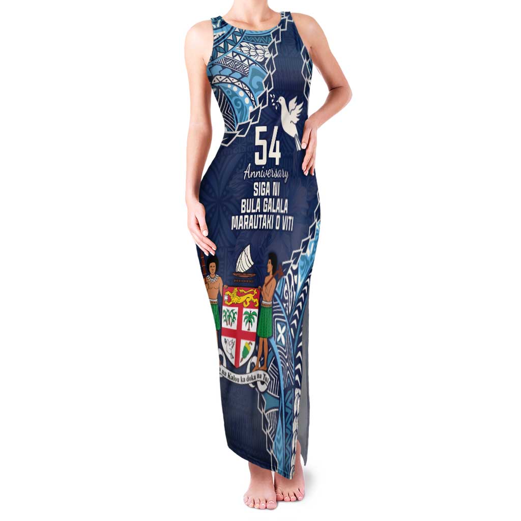 Personalised Fiji 54th Anniversary Family Matching Tank Maxi Dress and Hawaiian Shirt Siga Ni Bula Galala Marautaki O Viti LT9 Mom's Dress Blue - Polynesian Pride