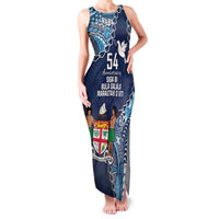 Personalised Fiji 54th Anniversary Family Matching Tank Maxi Dress and Hawaiian Shirt Siga Ni Bula Galala Marautaki O Viti LT9 Mom's Dress Blue - Polynesian Pride