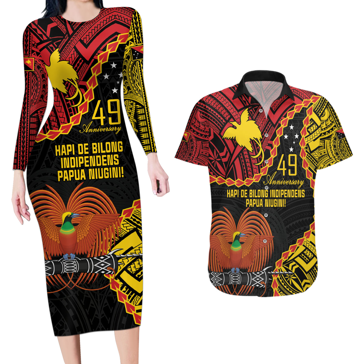 Personalised Papua New Guinea 49th Anniversary Couples Matching Long Sleeve Bodycon Dress and Hawaiian Shirt Hapi De bilong Indipendens Papua Niugini LT9 Black - Polynesian Pride