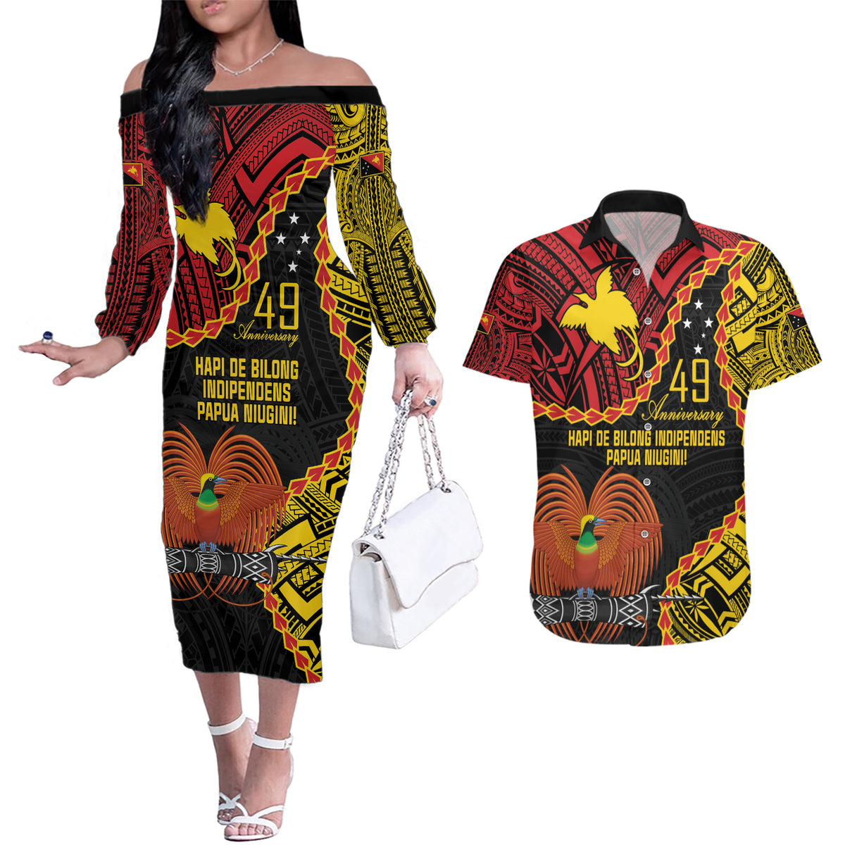Personalised Papua New Guinea 49th Anniversary Couples Matching Off The Shoulder Long Sleeve Dress and Hawaiian Shirt Hapi De bilong Indipendens Papua Niugini LT9 Black - Polynesian Pride