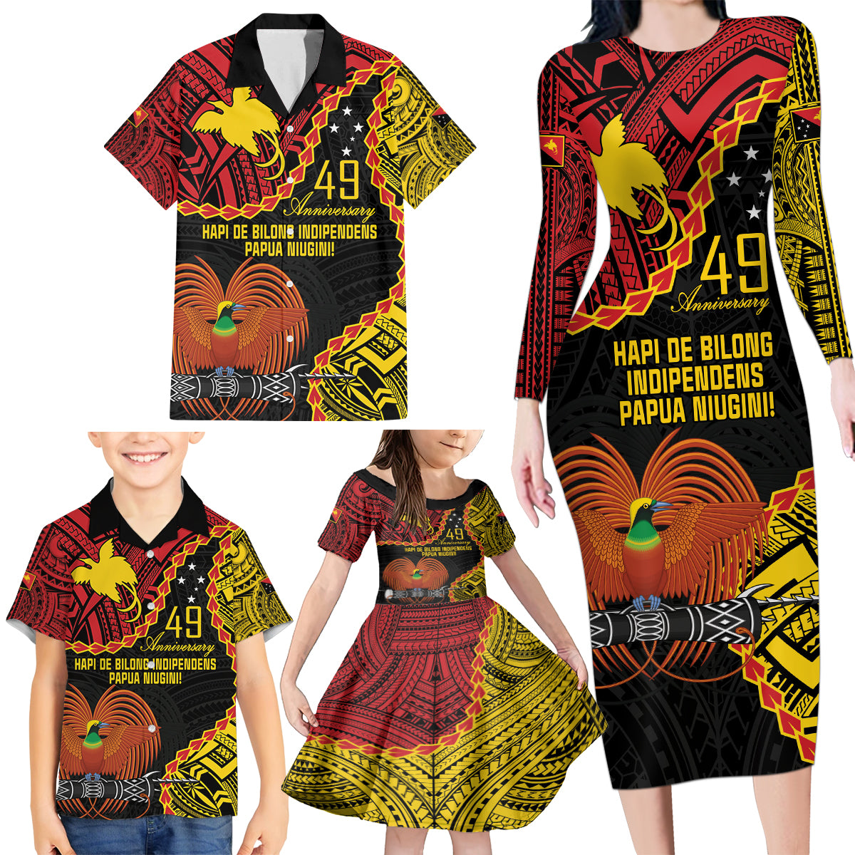 Personalised Papua New Guinea 49th Anniversary Family Matching Long Sleeve Bodycon Dress and Hawaiian Shirt Hapi De bilong Indipendens Papua Niugini LT9 - Polynesian Pride
