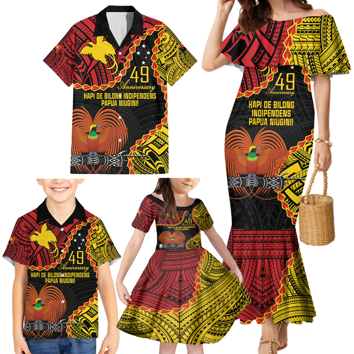 Personalised Papua New Guinea 49th Anniversary Family Matching Mermaid Dress and Hawaiian Shirt Hapi De bilong Indipendens Papua Niugini LT9 - Polynesian Pride