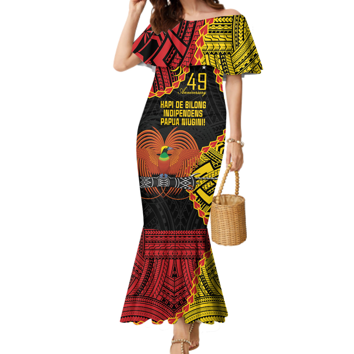 Personalised Papua New Guinea 49th Anniversary Family Matching Mermaid Dress and Hawaiian Shirt Hapi De bilong Indipendens Papua Niugini LT9 Mom's Dress Black - Polynesian Pride