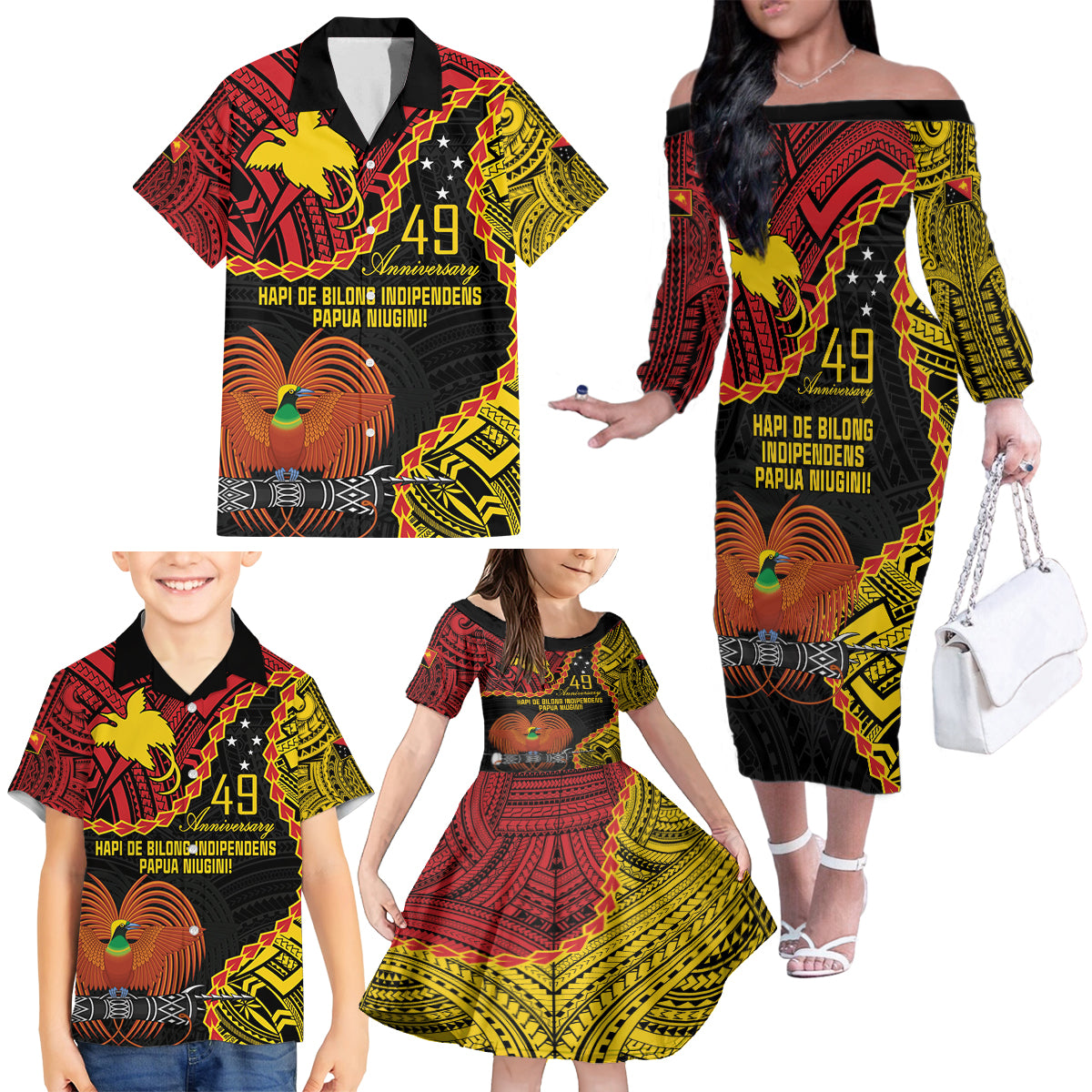 Personalised Papua New Guinea 49th Anniversary Family Matching Off The Shoulder Long Sleeve Dress and Hawaiian Shirt Hapi De bilong Indipendens Papua Niugini LT9 - Polynesian Pride