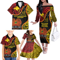 Personalised Papua New Guinea 49th Anniversary Family Matching Off The Shoulder Long Sleeve Dress and Hawaiian Shirt Hapi De bilong Indipendens Papua Niugini LT9 - Polynesian Pride