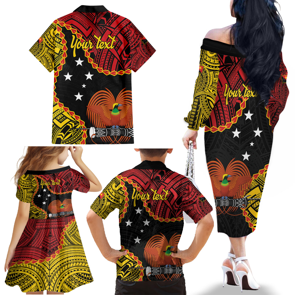 Personalised Papua New Guinea 49th Anniversary Family Matching Off The Shoulder Long Sleeve Dress and Hawaiian Shirt Hapi De bilong Indipendens Papua Niugini LT9 - Polynesian Pride