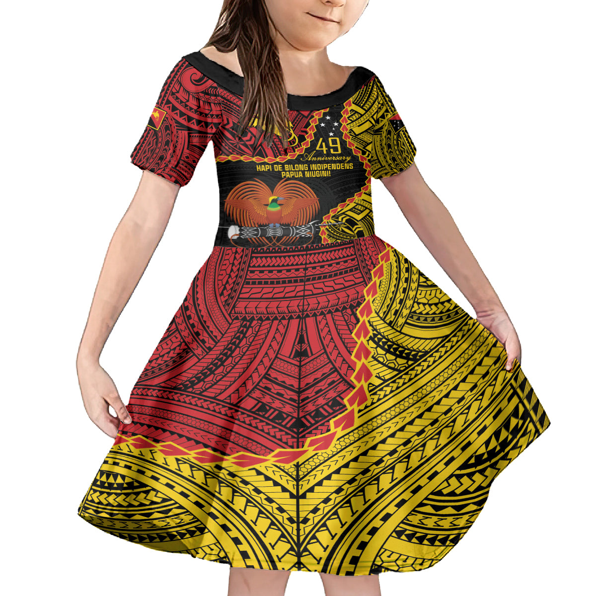 Personalised Papua New Guinea 49th Anniversary Family Matching Off Shoulder Maxi Dress and Hawaiian Shirt Hapi De bilong Indipendens Papua Niugini LT9 Daughter's Dress Black - Polynesian Pride