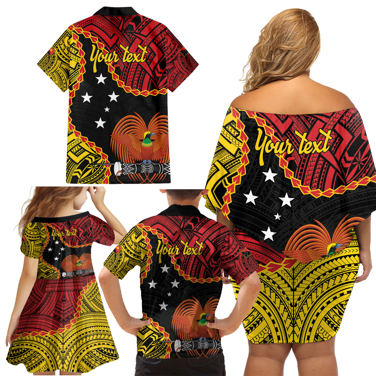Personalised Papua New Guinea 49th Anniversary Family Matching Off Shoulder Short Dress and Hawaiian Shirt Hapi De bilong Indipendens Papua Niugini LT9 - Polynesian Pride