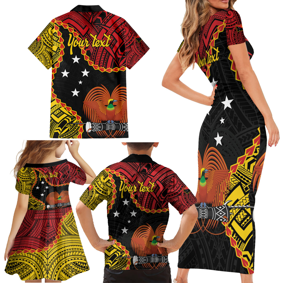 Personalised Papua New Guinea 49th Anniversary Family Matching Short Sleeve Bodycon Dress and Hawaiian Shirt Hapi De bilong Indipendens Papua Niugini LT9 - Polynesian Pride