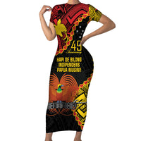 Personalised Papua New Guinea 49th Anniversary Family Matching Short Sleeve Bodycon Dress and Hawaiian Shirt Hapi De bilong Indipendens Papua Niugini LT9 Mom's Dress Black - Polynesian Pride