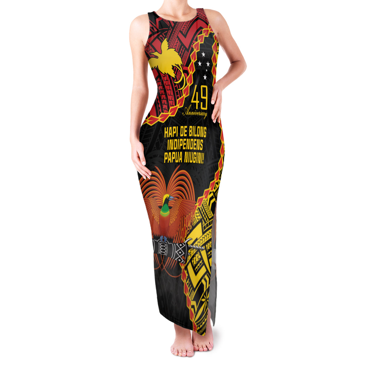 Personalised Papua New Guinea 49th Anniversary Family Matching Tank Maxi Dress and Hawaiian Shirt Hapi De bilong Indipendens Papua Niugini LT9 Mom's Dress Black - Polynesian Pride