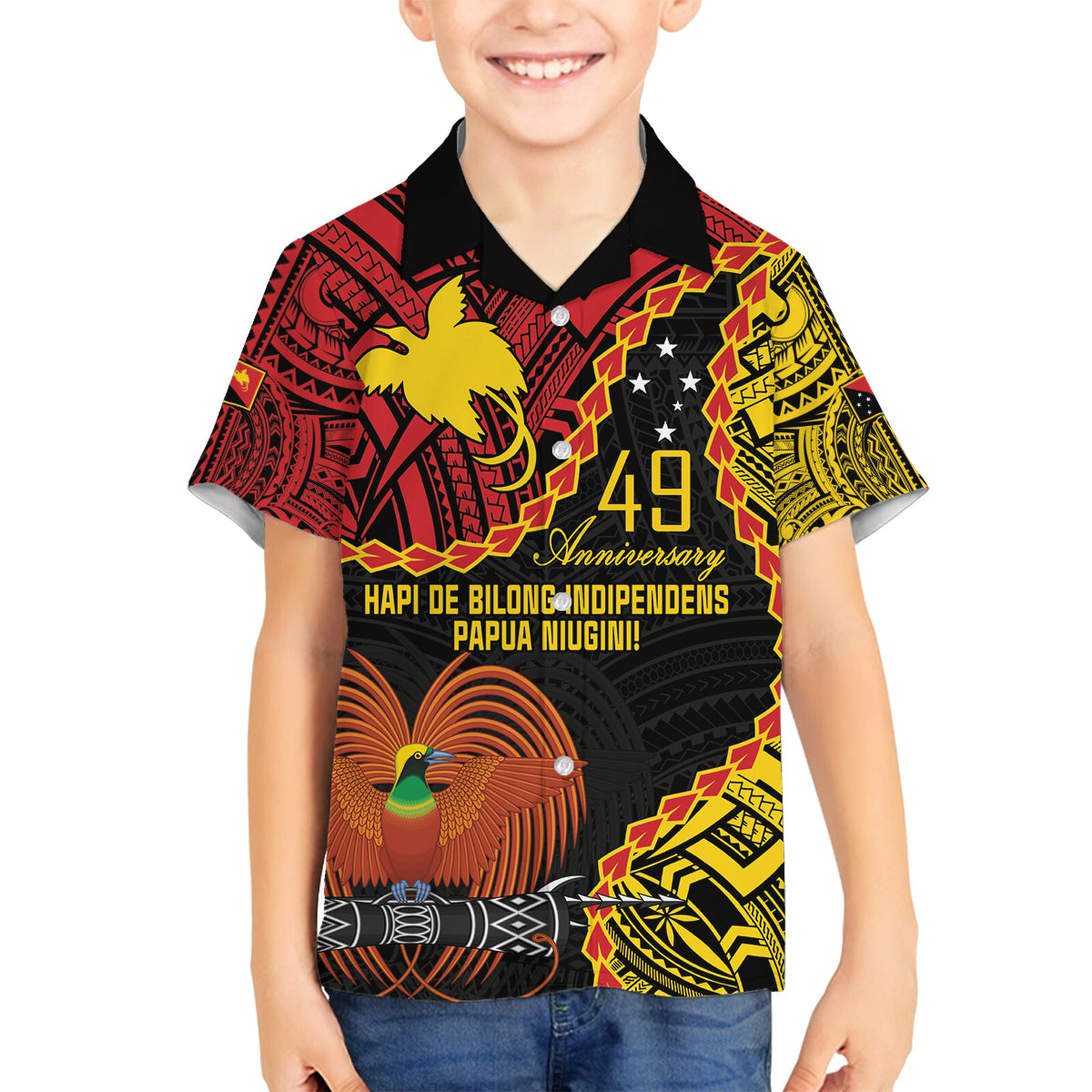 Personalised Papua New Guinea 49th Anniversary Family Matching Tank Maxi Dress and Hawaiian Shirt Hapi De bilong Indipendens Papua Niugini LT9 Son's Shirt Black - Polynesian Pride