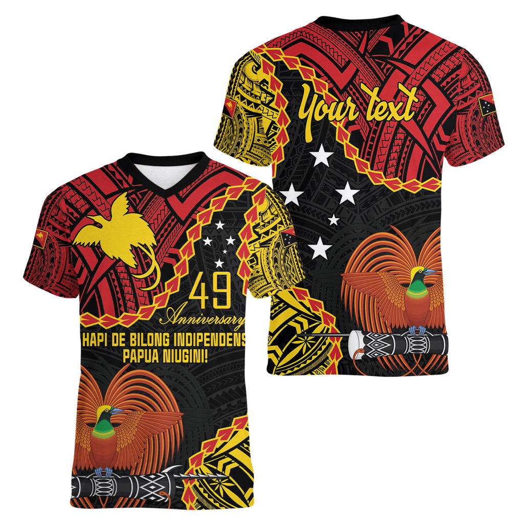 Personalised Papua New Guinea 49th Anniversary Women V-Neck T-Shirt Hapi De bilong Indipendens Papua Niugini