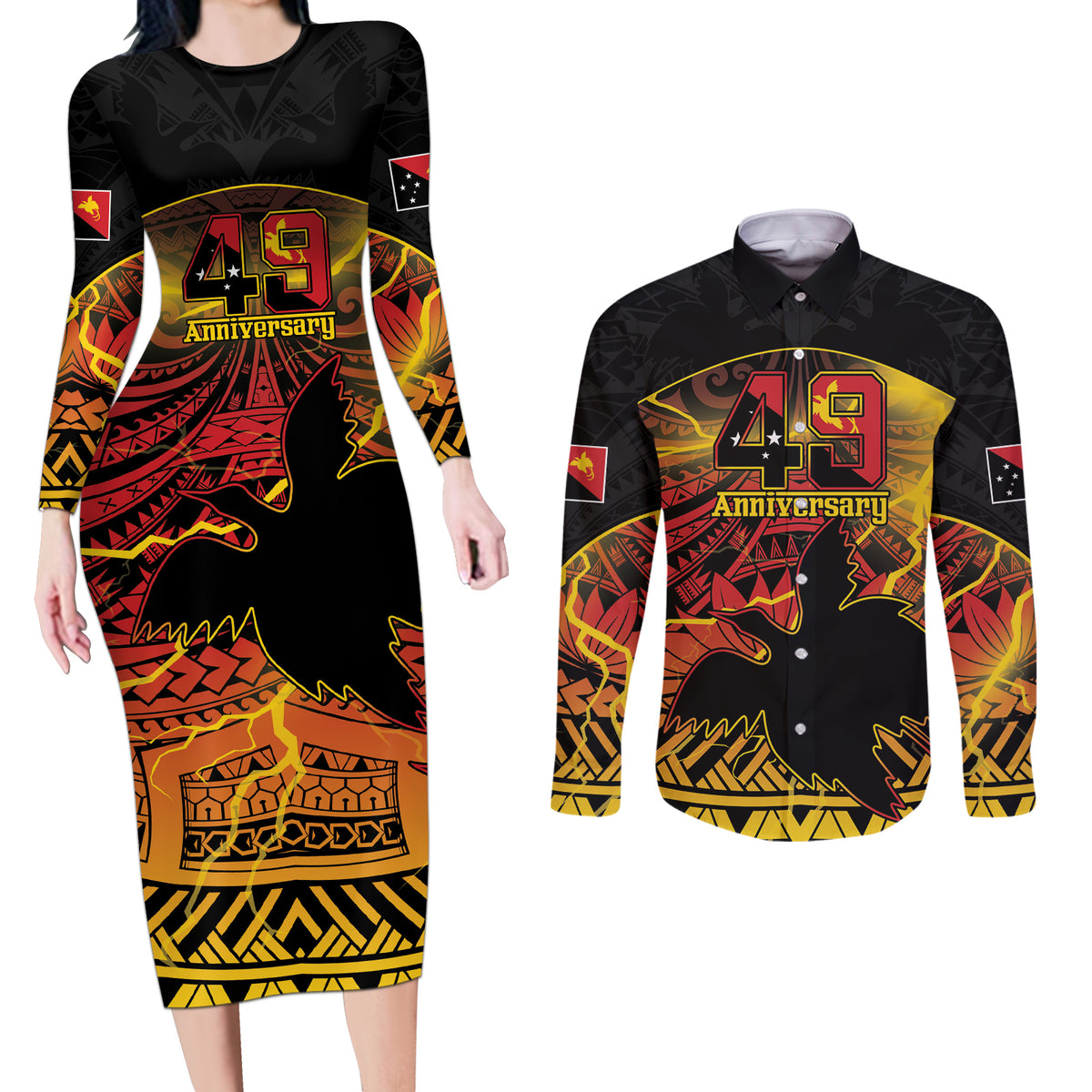 Personalised Papua New Guinea 49th Anniversary Couples Matching Long Sleeve Bodycon Dress and Long Sleeve Button Shirt Bird of Paradise Unity In Diversity LT9 Black - Polynesian Pride