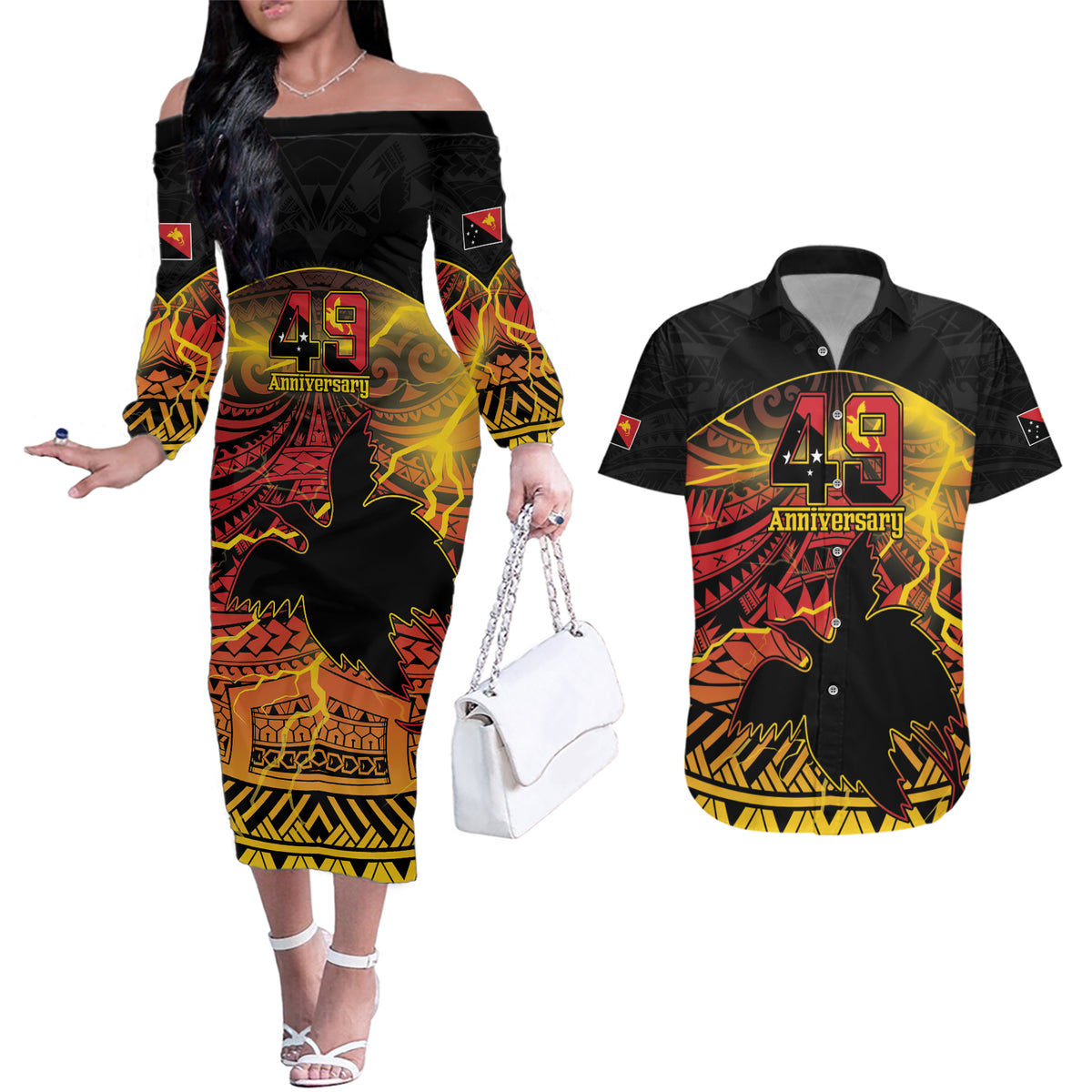 Personalised Papua New Guinea 49th Anniversary Couples Matching Off The Shoulder Long Sleeve Dress and Hawaiian Shirt Bird of Paradise Unity In Diversity LT9 Black - Polynesian Pride