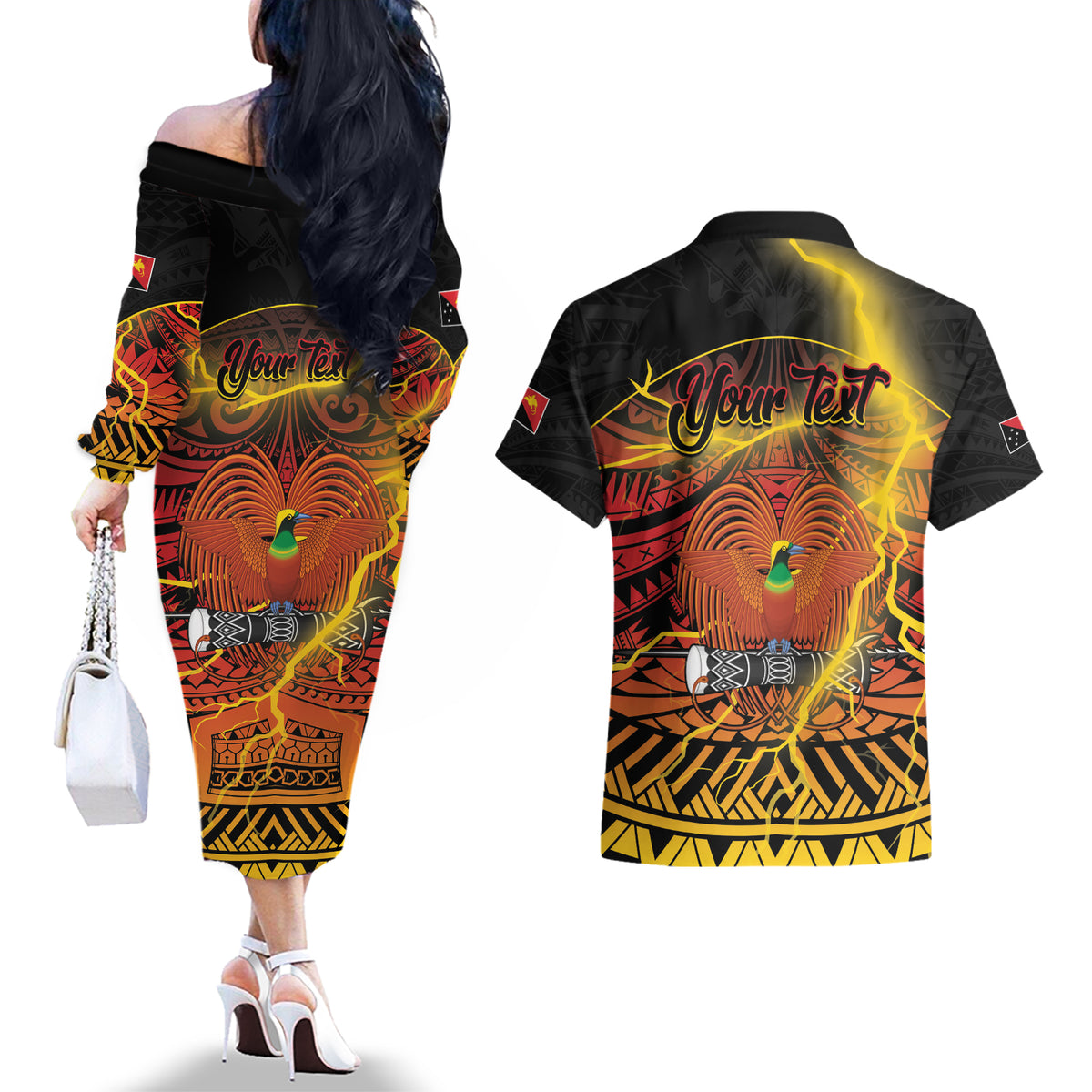 Personalised Papua New Guinea 49th Anniversary Couples Matching Off The Shoulder Long Sleeve Dress and Hawaiian Shirt Bird of Paradise Unity In Diversity LT9 - Polynesian Pride
