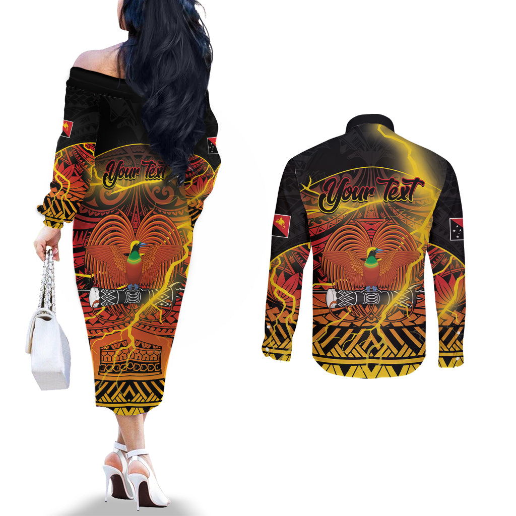 Personalised Papua New Guinea 49th Anniversary Couples Matching Off The Shoulder Long Sleeve Dress and Long Sleeve Button Shirt Bird of Paradise Unity In Diversity LT9 - Polynesian Pride