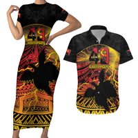 Personalised Papua New Guinea 49th Anniversary Couples Matching Short Sleeve Bodycon Dress and Hawaiian Shirt Bird of Paradise Unity In Diversity LT9 Black - Polynesian Pride