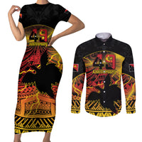 Personalised Papua New Guinea 49th Anniversary Couples Matching Short Sleeve Bodycon Dress and Long Sleeve Button Shirt Bird of Paradise Unity In Diversity LT9 Black - Polynesian Pride