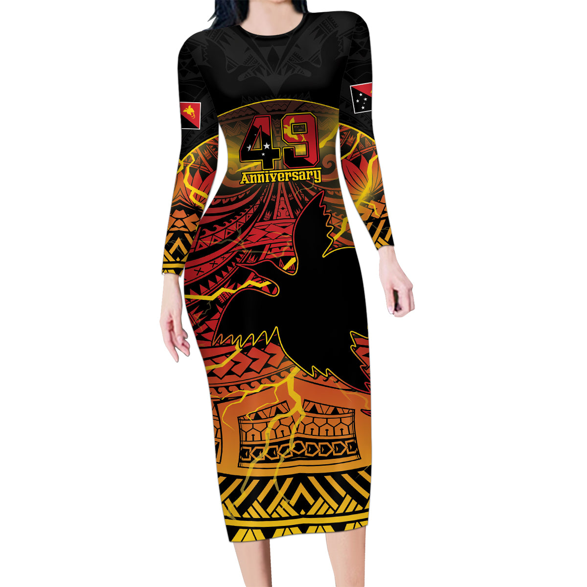 Personalised Papua New Guinea 49th Anniversary Family Matching Long Sleeve Bodycon Dress and Hawaiian Shirt Bird of Paradise Unity In Diversity LT9 Mom's Dress Black - Polynesian Pride