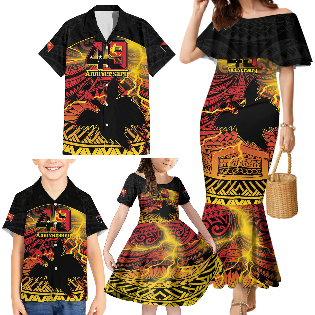 Personalised Papua New Guinea 49th Anniversary Family Matching Mermaid Dress and Hawaiian Shirt Bird of Paradise Unity In Diversity LT9 - Polynesian Pride