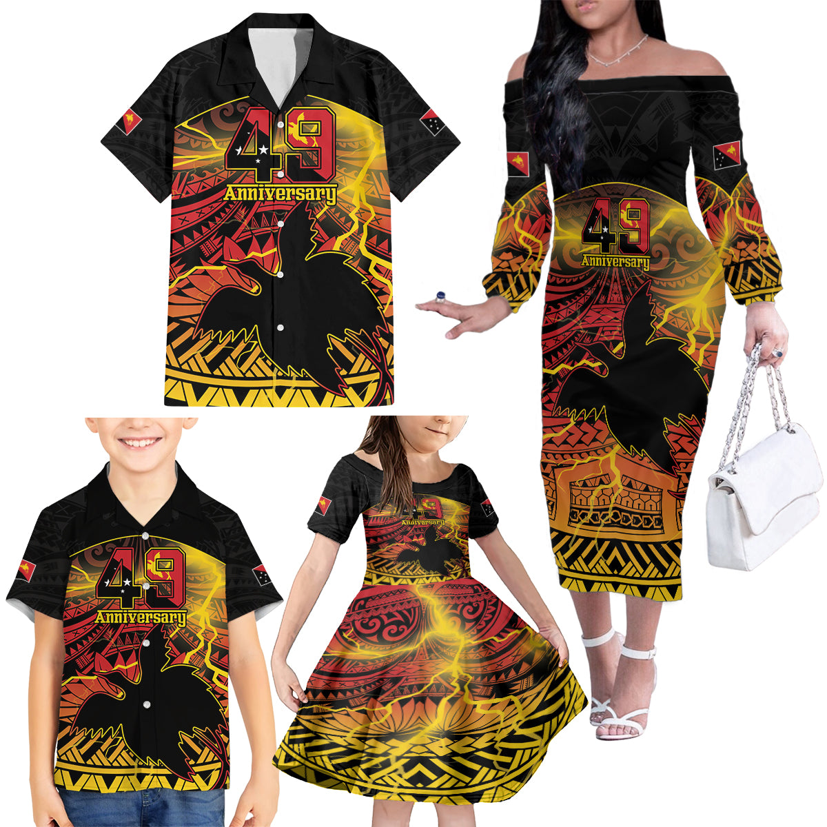 Personalised Papua New Guinea 49th Anniversary Family Matching Off The Shoulder Long Sleeve Dress and Hawaiian Shirt Bird of Paradise Unity In Diversity LT9 - Polynesian Pride