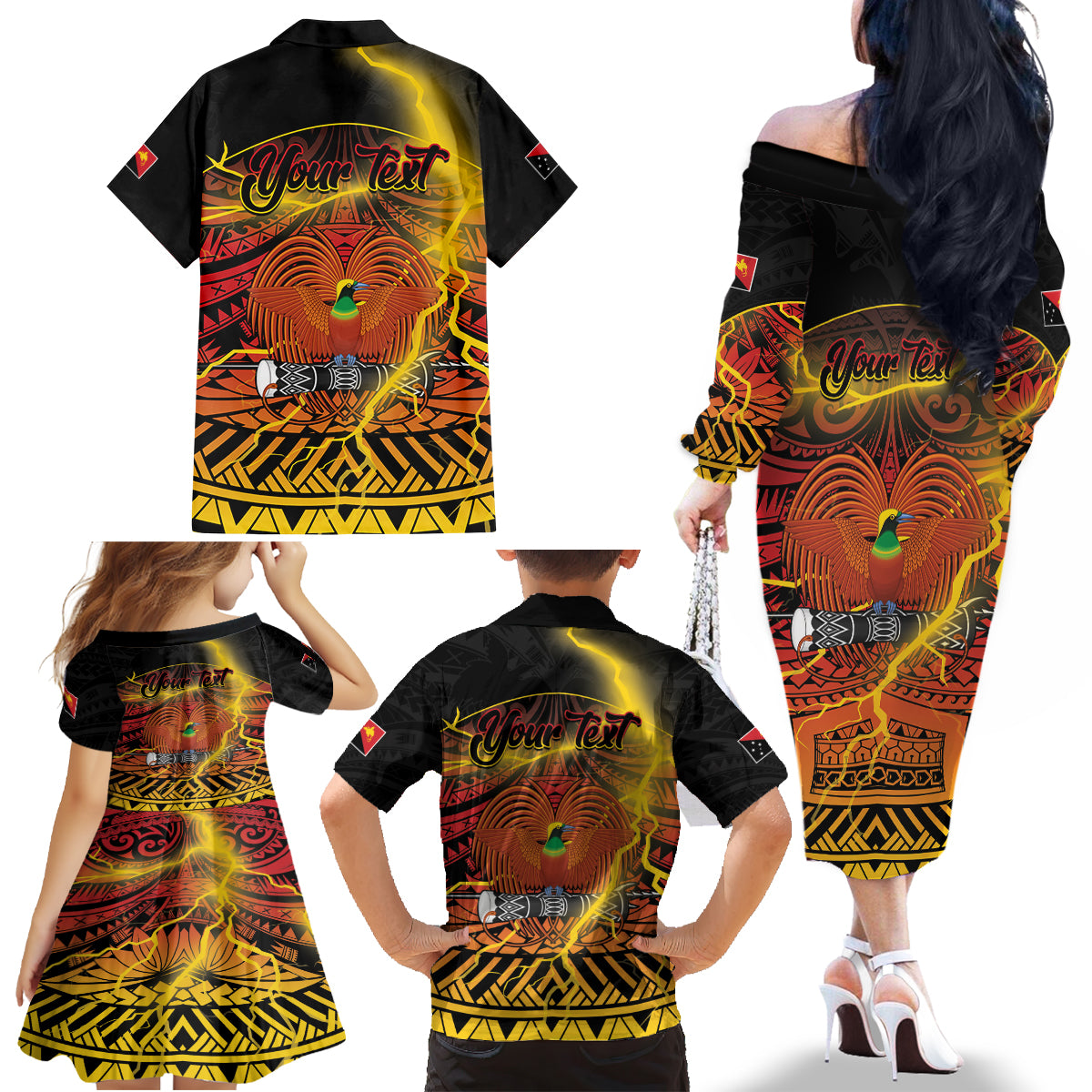 Personalised Papua New Guinea 49th Anniversary Family Matching Off The Shoulder Long Sleeve Dress and Hawaiian Shirt Bird of Paradise Unity In Diversity LT9 - Polynesian Pride