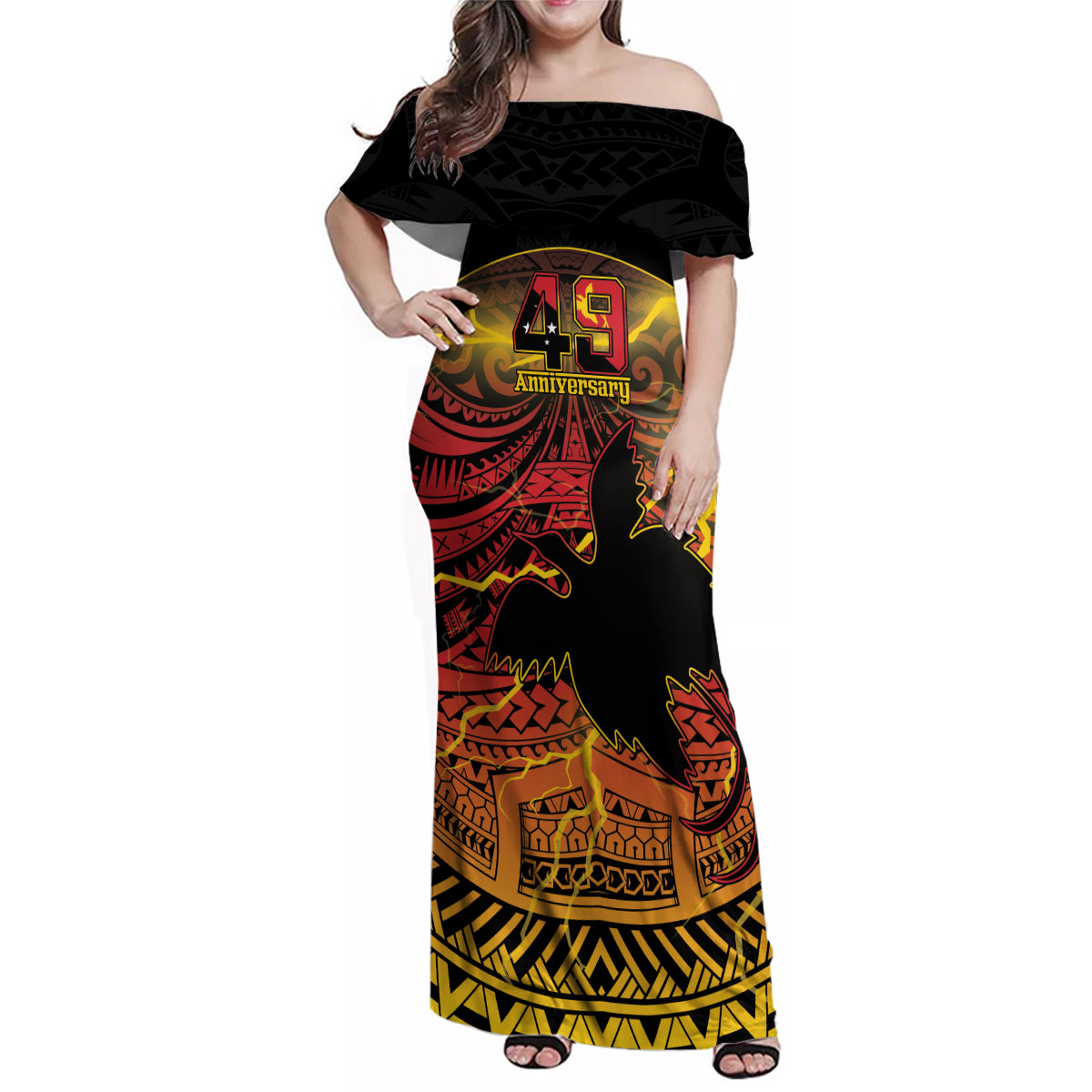 Personalised Papua New Guinea 49th Anniversary Family Matching Off Shoulder Maxi Dress and Hawaiian Shirt Bird of Paradise Unity In Diversity LT9 Mom's Dress Black - Polynesian Pride