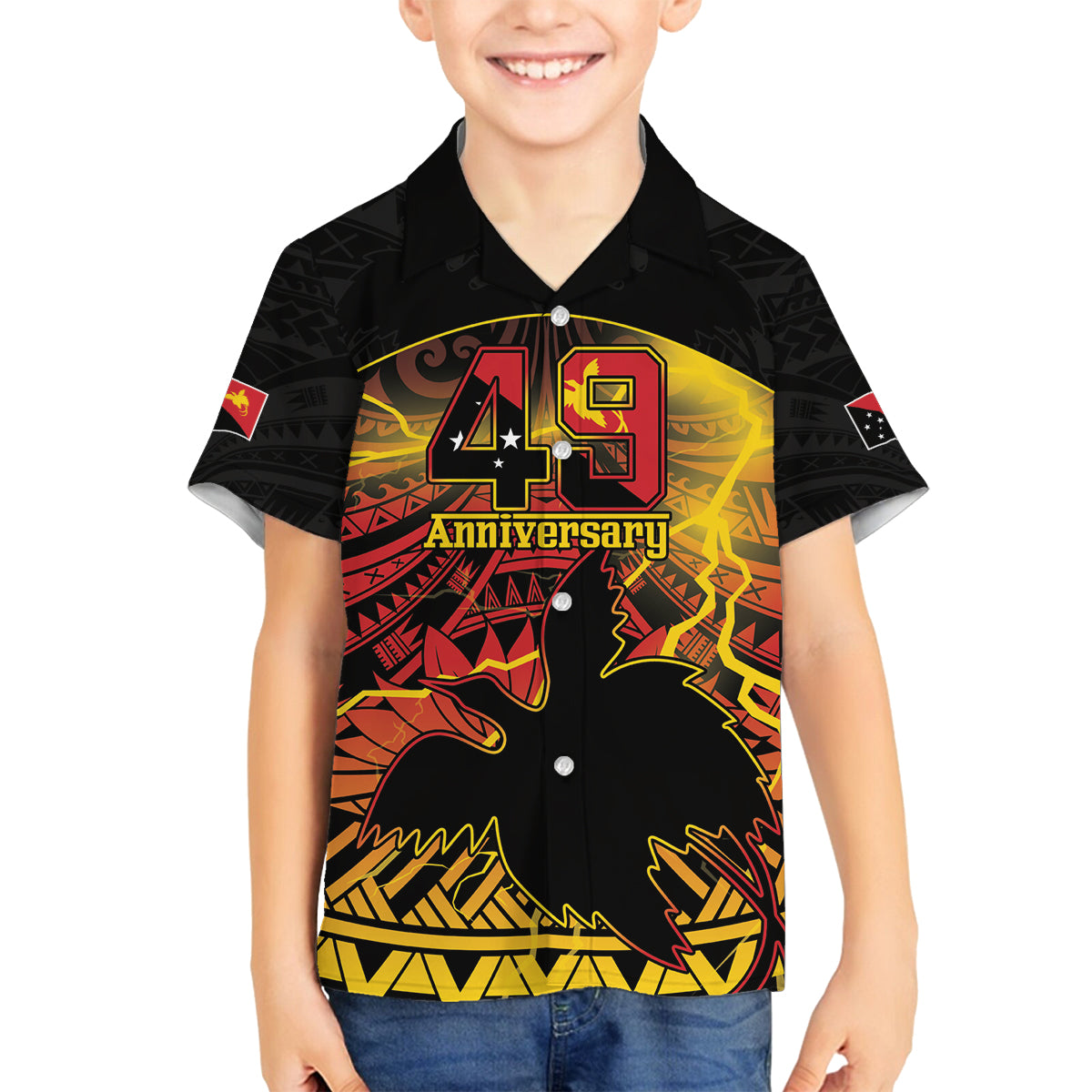 Personalised Papua New Guinea 49th Anniversary Family Matching Off Shoulder Maxi Dress and Hawaiian Shirt Bird of Paradise Unity In Diversity LT9 Son's Shirt Black - Polynesian Pride