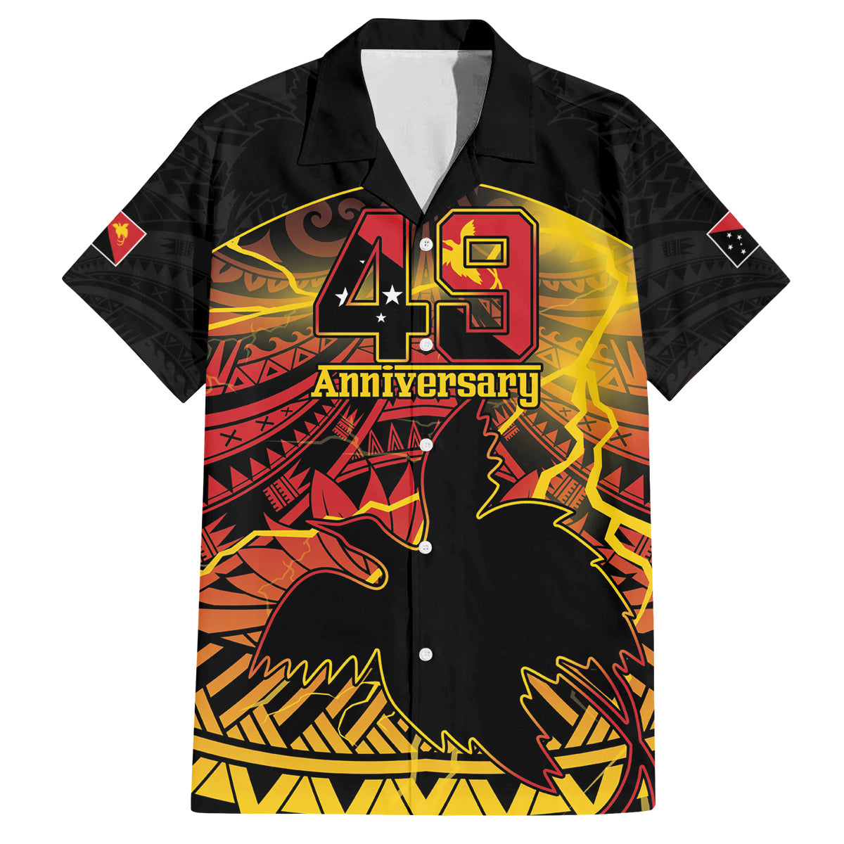 Personalised Papua New Guinea 49th Anniversary Family Matching Off Shoulder Short Dress and Hawaiian Shirt Bird of Paradise Unity In Diversity LT9 Dad's Shirt - Short Sleeve Black - Polynesian Pride