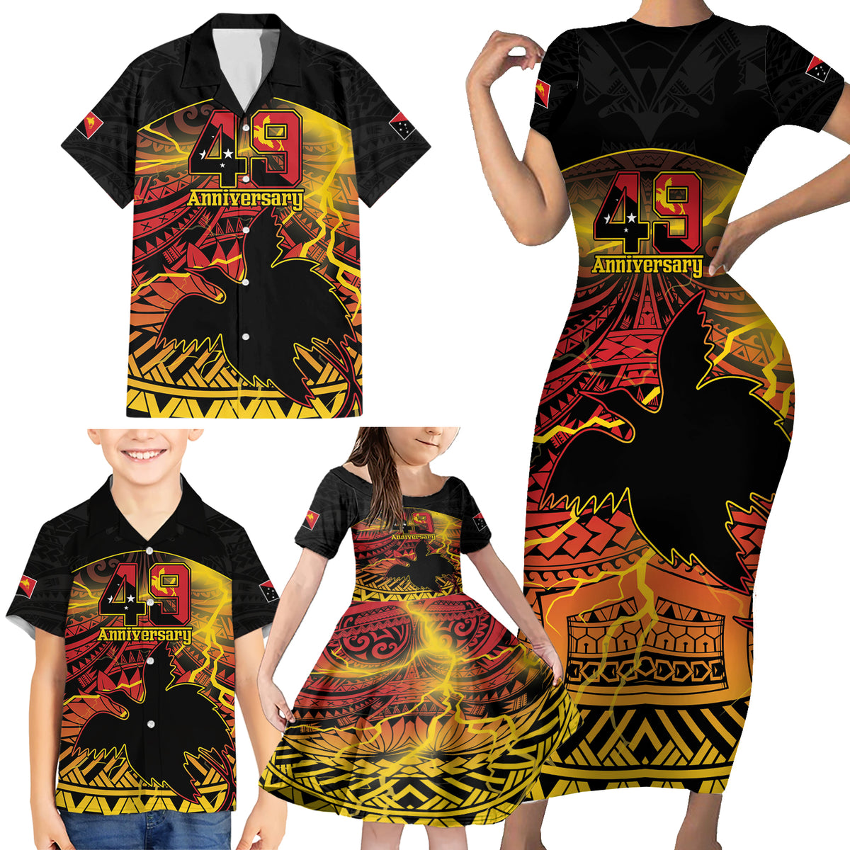 Personalised Papua New Guinea 49th Anniversary Family Matching Short Sleeve Bodycon Dress and Hawaiian Shirt Bird of Paradise Unity In Diversity LT9 - Polynesian Pride