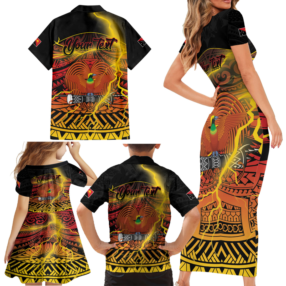 Personalised Papua New Guinea 49th Anniversary Family Matching Short Sleeve Bodycon Dress and Hawaiian Shirt Bird of Paradise Unity In Diversity LT9 - Polynesian Pride