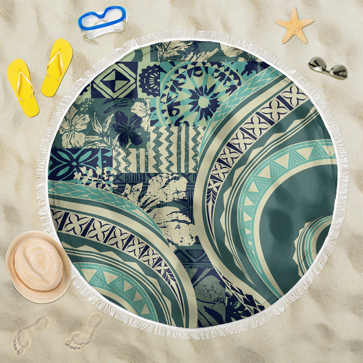 Hawaiian Hibiscus Tribal Vintage Motif Beach Blanket Ver 1 LT9 One Size 150cm Sea Green - Polynesian Pride