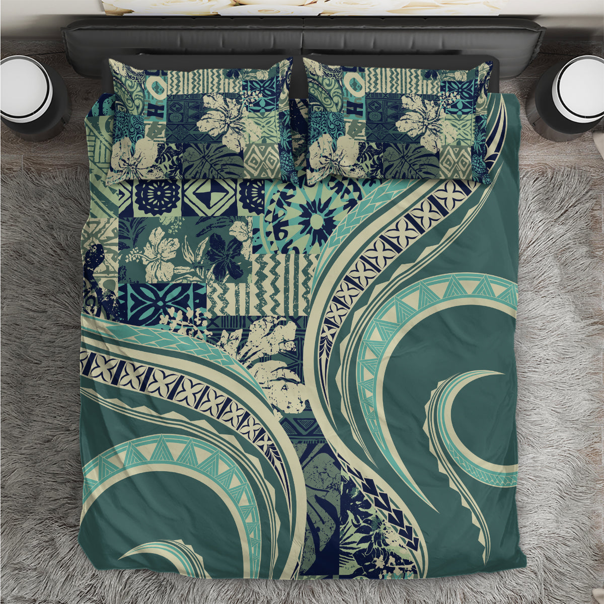 Hawaiian Hibiscus Tribal Vintage Motif Bedding Set Ver 1 LT9 Sea Green - Polynesian Pride