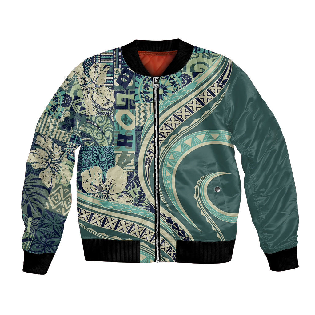 Hawaiian Hibiscus Tribal Vintage Motif Bomber Jacket Ver 1 LT9 Unisex Sea Green - Polynesian Pride