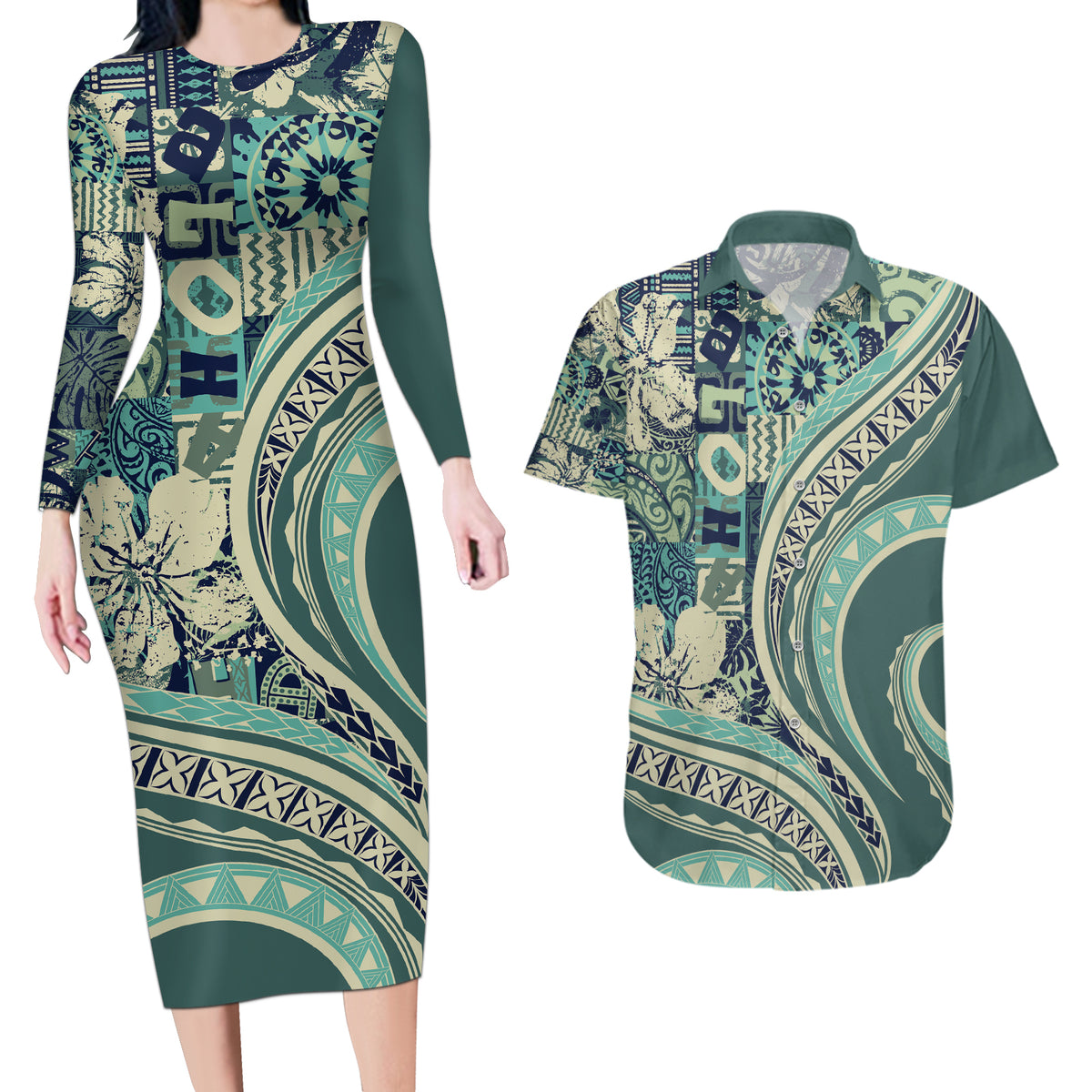Hawaiian Hibiscus Tribal Vintage Motif Couples Matching Long Sleeve Bodycon Dress and Hawaiian Shirt Ver 1 LT9 Sea Green - Polynesian Pride