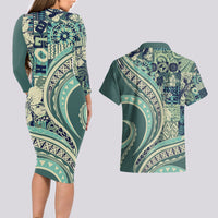 Hawaiian Hibiscus Tribal Vintage Motif Couples Matching Long Sleeve Bodycon Dress and Hawaiian Shirt Ver 1 LT9 - Polynesian Pride