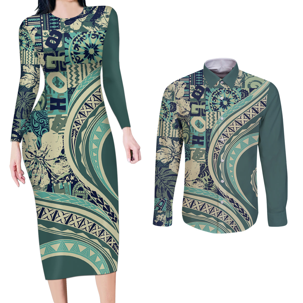 Hawaiian Hibiscus Tribal Vintage Motif Couples Matching Long Sleeve Bodycon Dress and Long Sleeve Button Shirt Ver 1 LT9 Sea Green - Polynesian Pride