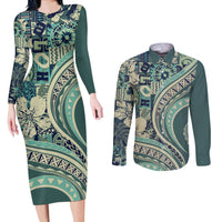Hawaiian Hibiscus Tribal Vintage Motif Couples Matching Long Sleeve Bodycon Dress and Long Sleeve Button Shirt Ver 1 LT9 Sea Green - Polynesian Pride